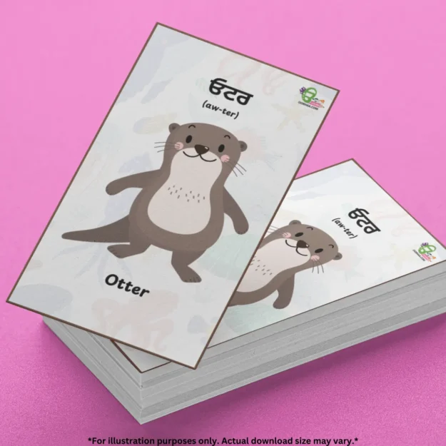 A pile of otter ocean animal flashcards is on a purple plain background.